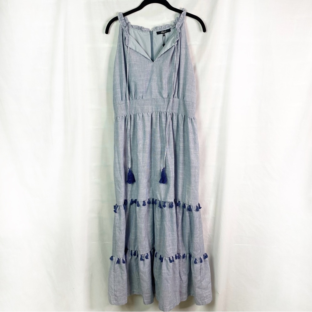 Kate C. Blue Ticking Stripe Boho Tassel Maxi Halter Dress Med NEW NWT